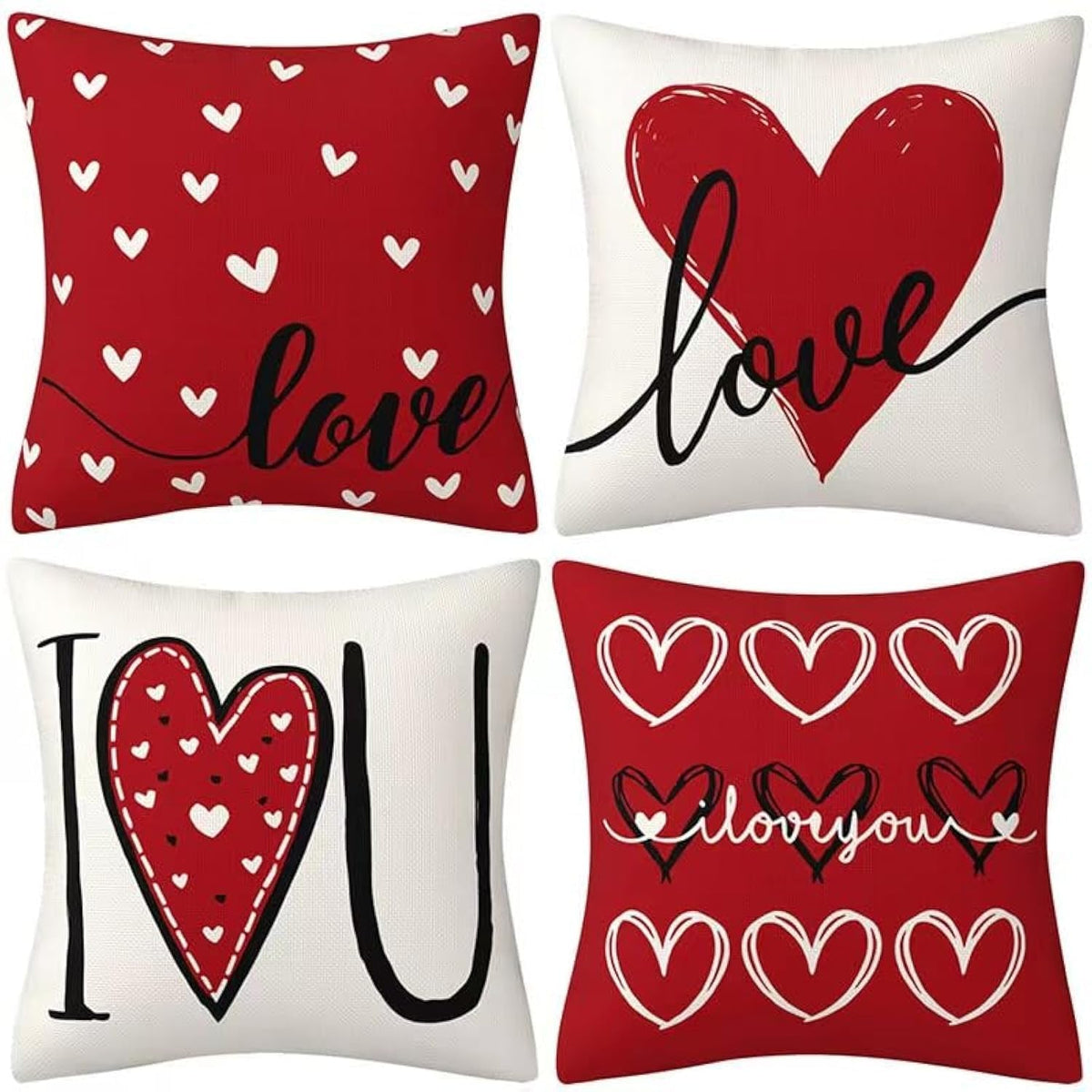 Hongsome Valentines Day Decor-Throw Pillow Covers 18x18 in Set of 4,Valentine Linen Pillow Case with Red Heart Love You More for Large Couch Sofa Home Indoor Outdoor Holiday Decorations