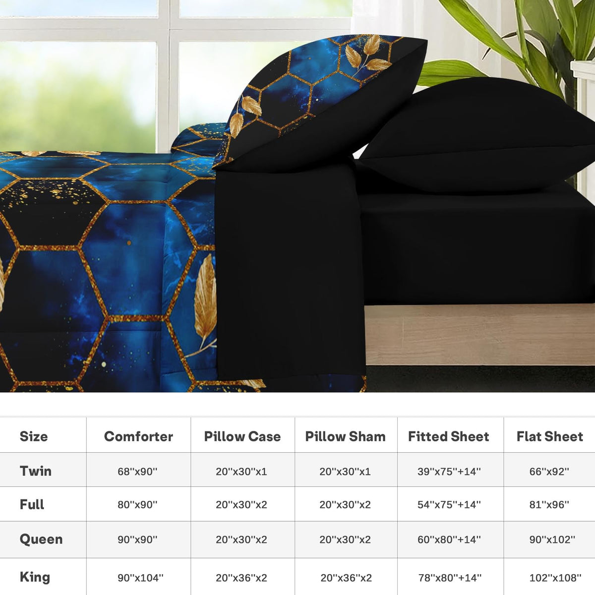 Nesker Comforter Set Queen Size, Luxury Geometric Hexagon 7 Pcs Bedding for Kids and Adults, Navy Blue Gold Marble Leaves Bed Sheet Sets with Fitted Sheet 2 Pillowcases & 2 Shams