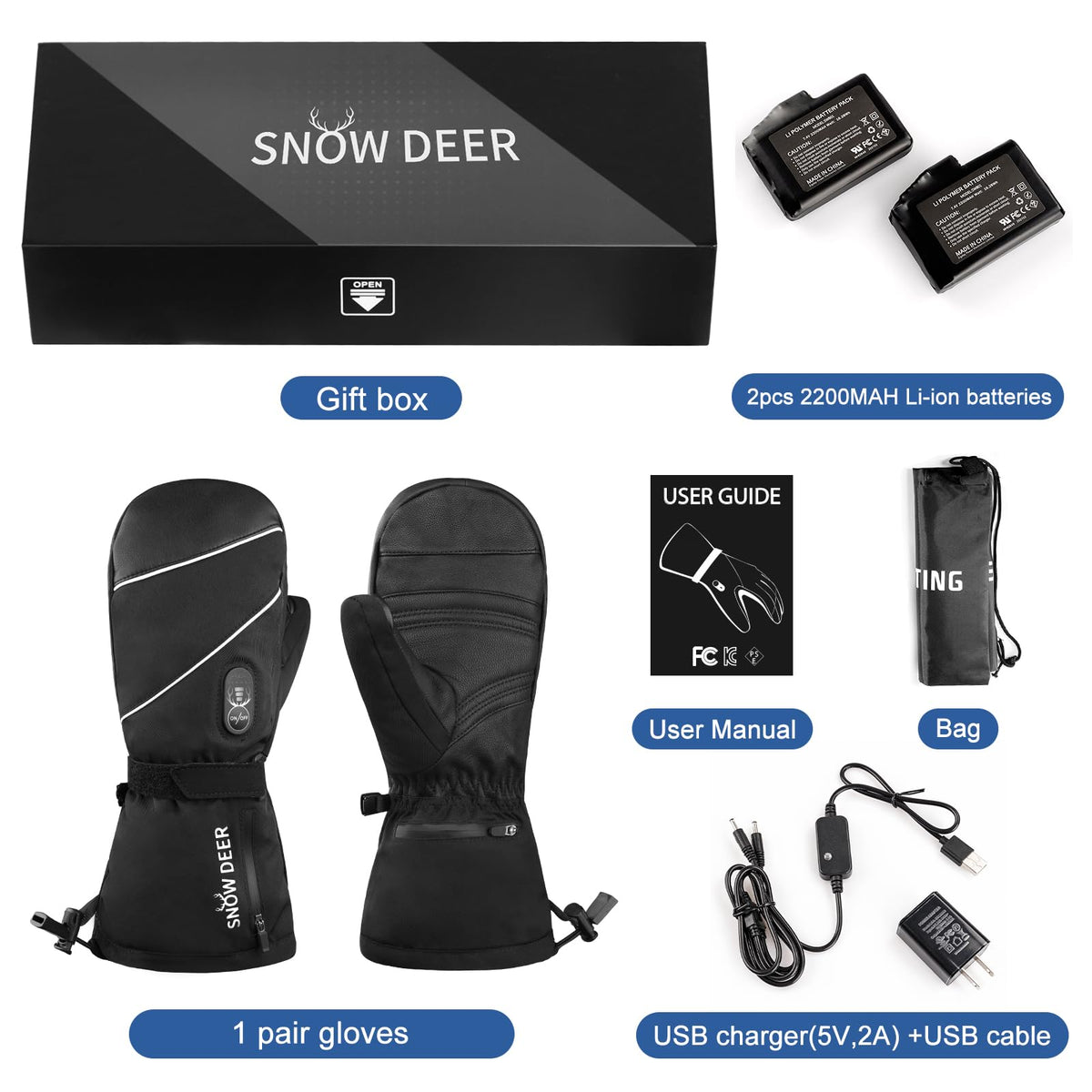 SNOW DEER Heated Mittens Gloves for Men and Women, 7.4V 2200MAH Electric Rechargeable Battery Ski for Winter Skiing Skating Snow Camping Hiking Heated Arthritis Hand Warmer Gloves(M)