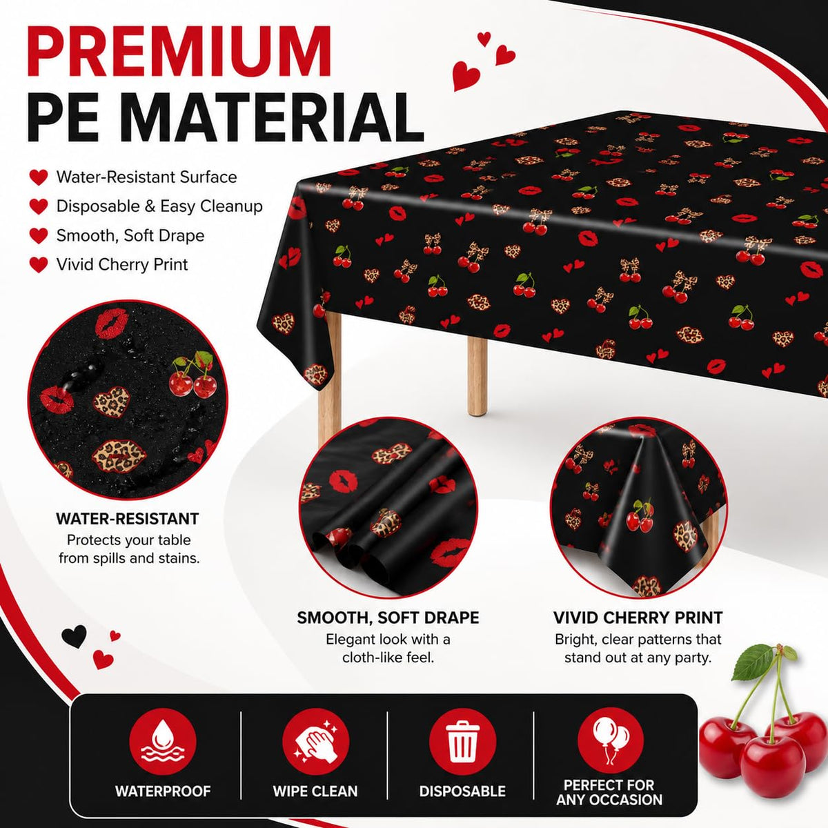 3Pcs 54 x 108 Inch Cheetah Cherry Tablecloths,Red Black Leopard Print Disposable Plastic Table Covers with Red Lips, Waterproof Party Table Cloths for Birthday, Baby Shower, Wedding, Party Decorations