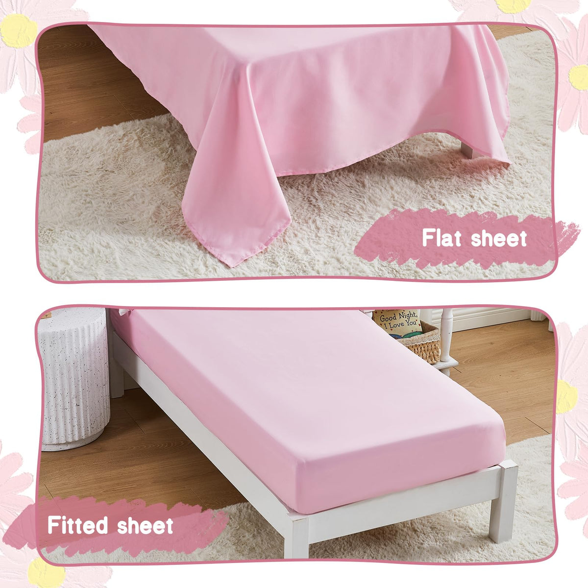 CotComf Toddler Bedding Set for Girls 4-Piece Pink Boho Tufted Daisy Flowers Toddler Comforter Set Bed-in-a-Bag Toddler Sheets Bedroom Set with Toddler Comforter, Flat Sheet, Fitted Sheet, Pillowcase