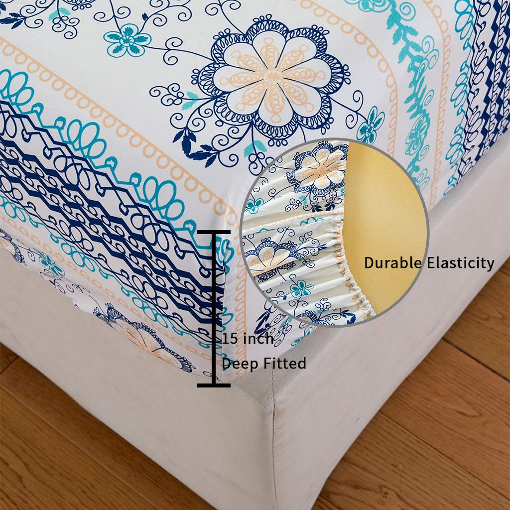 JSD Blue Boho Printed Sheet Set King Size, 4 Piece Soft Floral Microfiber Sheets Extra Deep Pocket