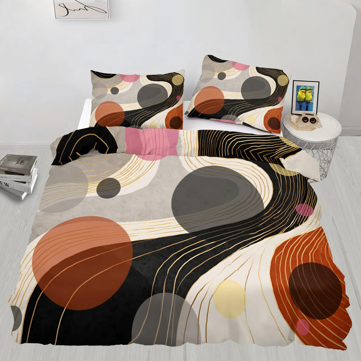 ZAOMIR Geometric Abstract Duvet Cover Queen Size for Teen Women Adult, Modern Geometric Line Bedding Set 3 Piece, Minimalist Mid Century Circle Patterned Comforter Cover with Zipper, 2 Pillowcases