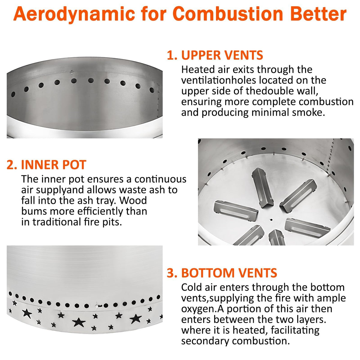 27 Inch Smokeless Fire Pit, Stainless Steel Wood Burning Fire Pits with Removable Stand and Ash Pan, Portable Bonfire Pit with Handle, Outdoor Fire Pit for Camping, Picnic and Family Gathering