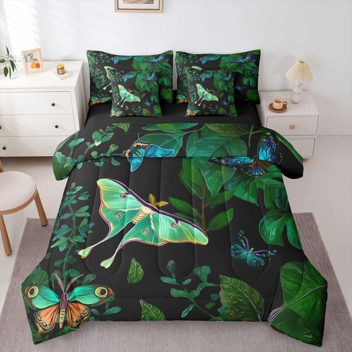 Erosebridal Colorful Butterfly Comforter Set Moth Bed in A Bag Full Size 7 Pieces Palm Leaves Banana Bed Set Hawaiian Tropical Leaves Bedding