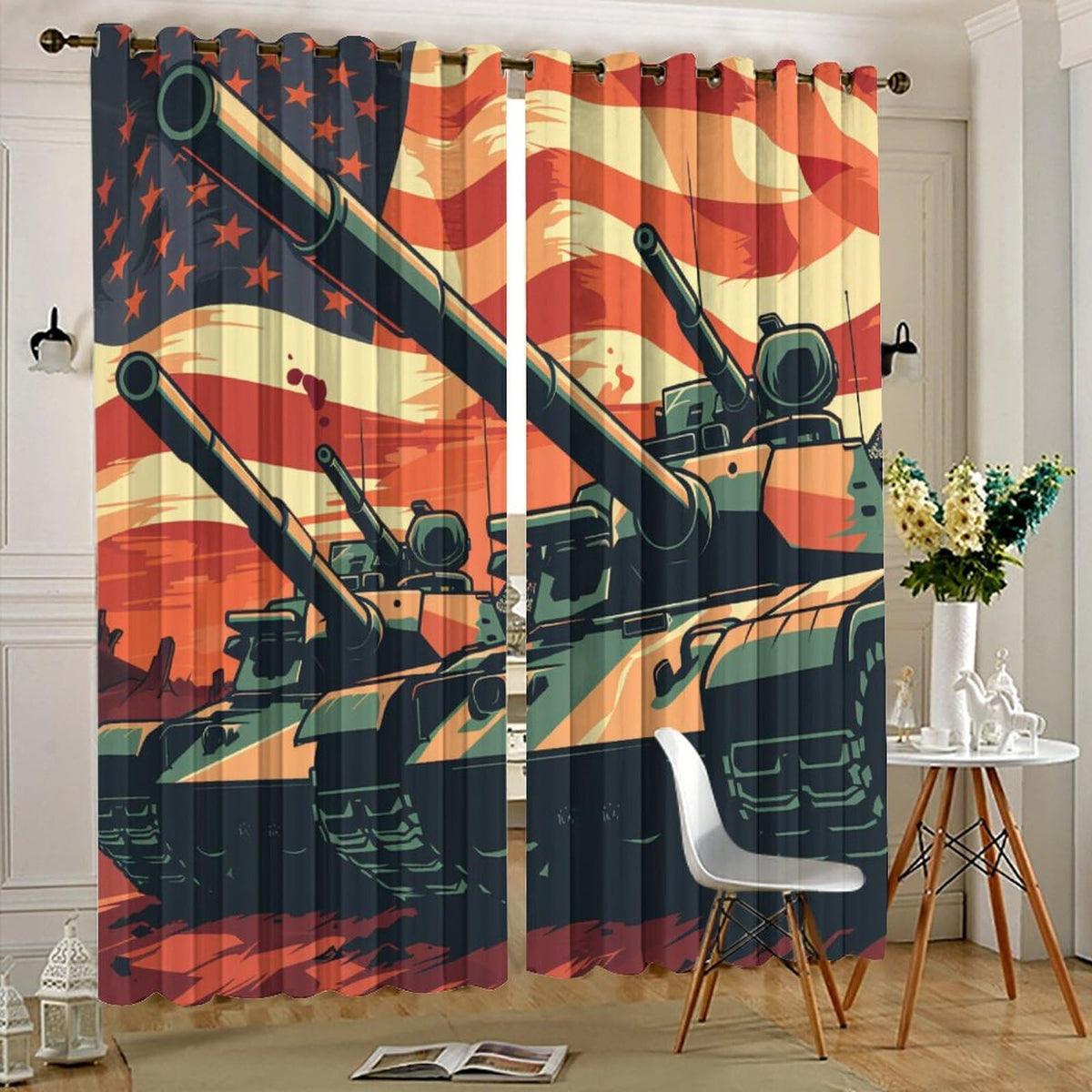 TOWINSFB Vintage Tank USA Flag Blackout Curtains for Bedroom/Living Room, American Patriotic Military War Theme Grommet Curtains Thermal Insulated Window Drapes, 2 Panels, Each 21W x 45L