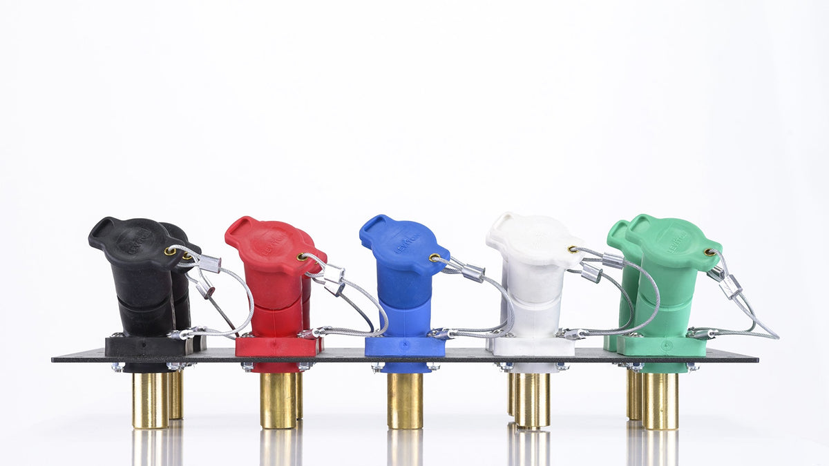 Power Assemblies 5 Position CAM Lock Panel, 400 Amp, 3 Phase 120/208V, Male, 45°, Double Set-Screw Connections with NEMA 3R Caps and Lanyards, Series 16 CAM Connectors, Power Distribution Panel