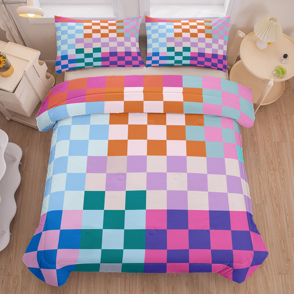 Tailor Shop Plaid Comforter Sets Full Bedding Set Women Men Checkerboard Grid Bedding Boys Girls Checkered Geometric Room Decor with 2 Pillowcases