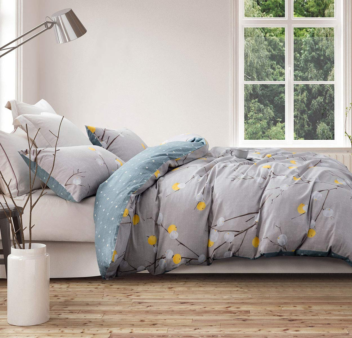SLEEPBELLA Comforter Queen Size, 600 Thread Count Cotton Grey Branch with Yellow Turquoise Polka Dot Pattern Green Reversible Comforter Set,Down Alternative Bedding Set 3Pcs (Queen, Grey Branch)