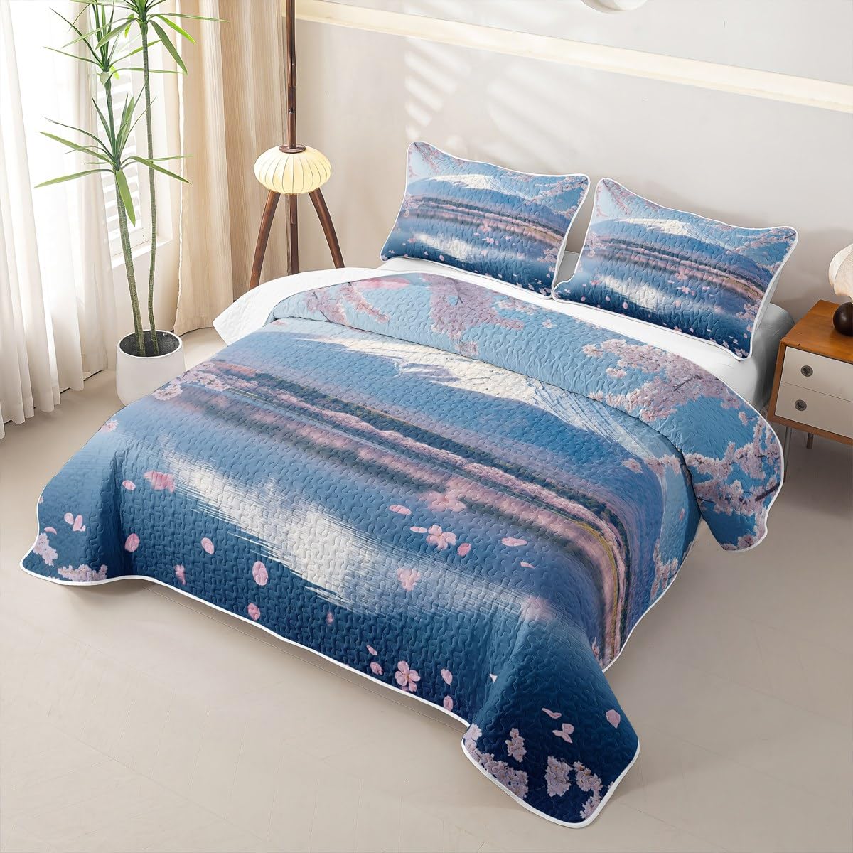 Erosebridal Cherry Blossoms Quilt Set Queen Mount Fuji Quilt Japanese Style Bedding Coverlet Pink Flowers Bedspread Bedroom Decor