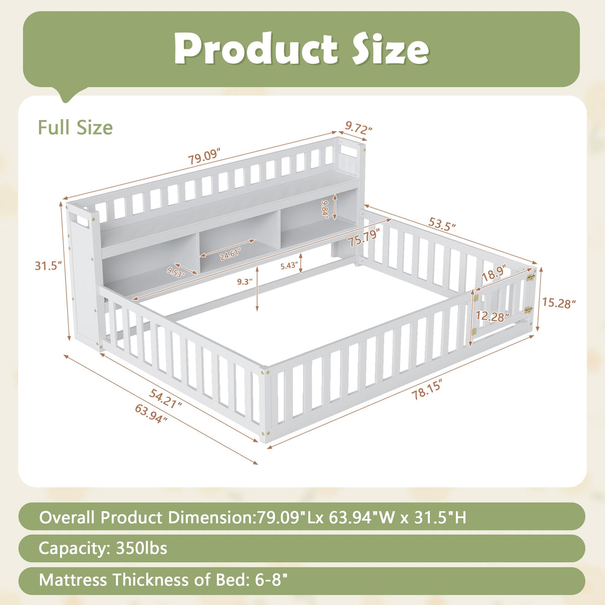 mikibama Full Size Montessori Floor Bed with Bookcase for Kids, White