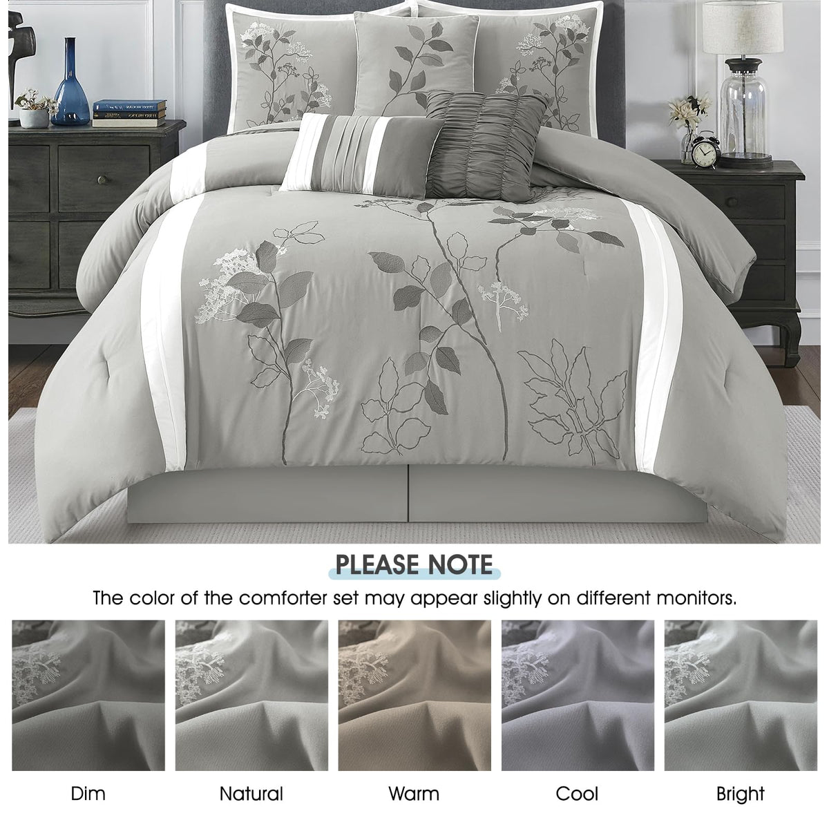 LANCO MODERN LIFESTYLE Grey Queen Comforter Set, 7 Pieces Bed in a Bag, Elegant Floral Leaves Embroidery, Soft and Lightweight All Seasons Bedding Set, Bedskirt, Pillow Shams, Decor Pillows