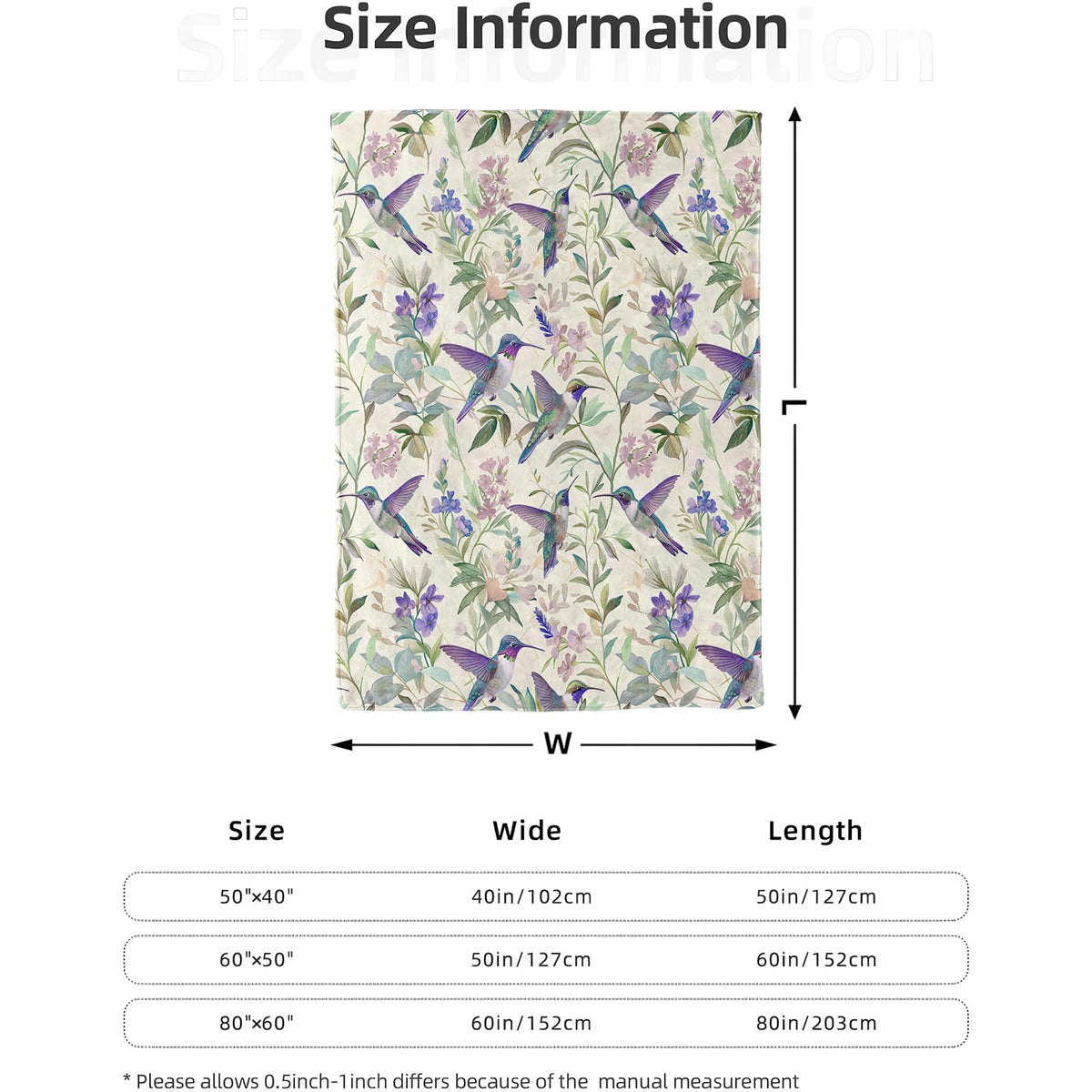 Floral Hummingbird Blanket 40x50 in, Flannel Throw Blankets for Travel Camping Sofa Living Room Decor, Lightweight Cozy Soft Fuzzy Gifts for Women Adults Kids