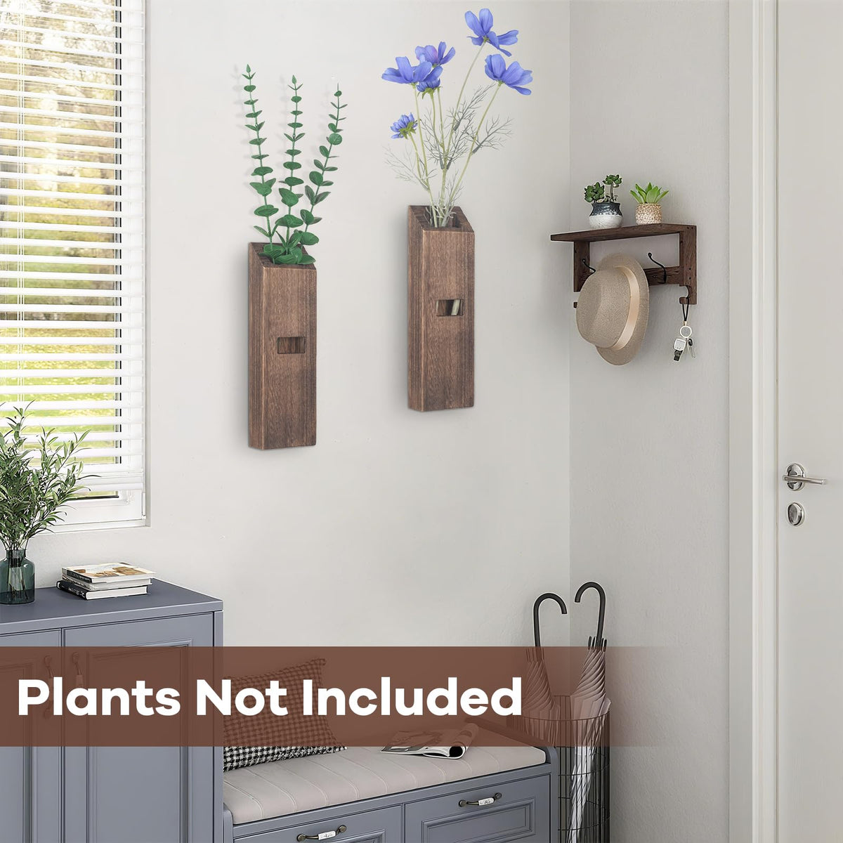 2 Pack Wood Wall Planter, Wall Decor Aesthetic for Living Room, Modern Farmhouse Entryway or Bathroom Decor, Unique Boho Vase for Holding Faux Greenery and Dried Flowers