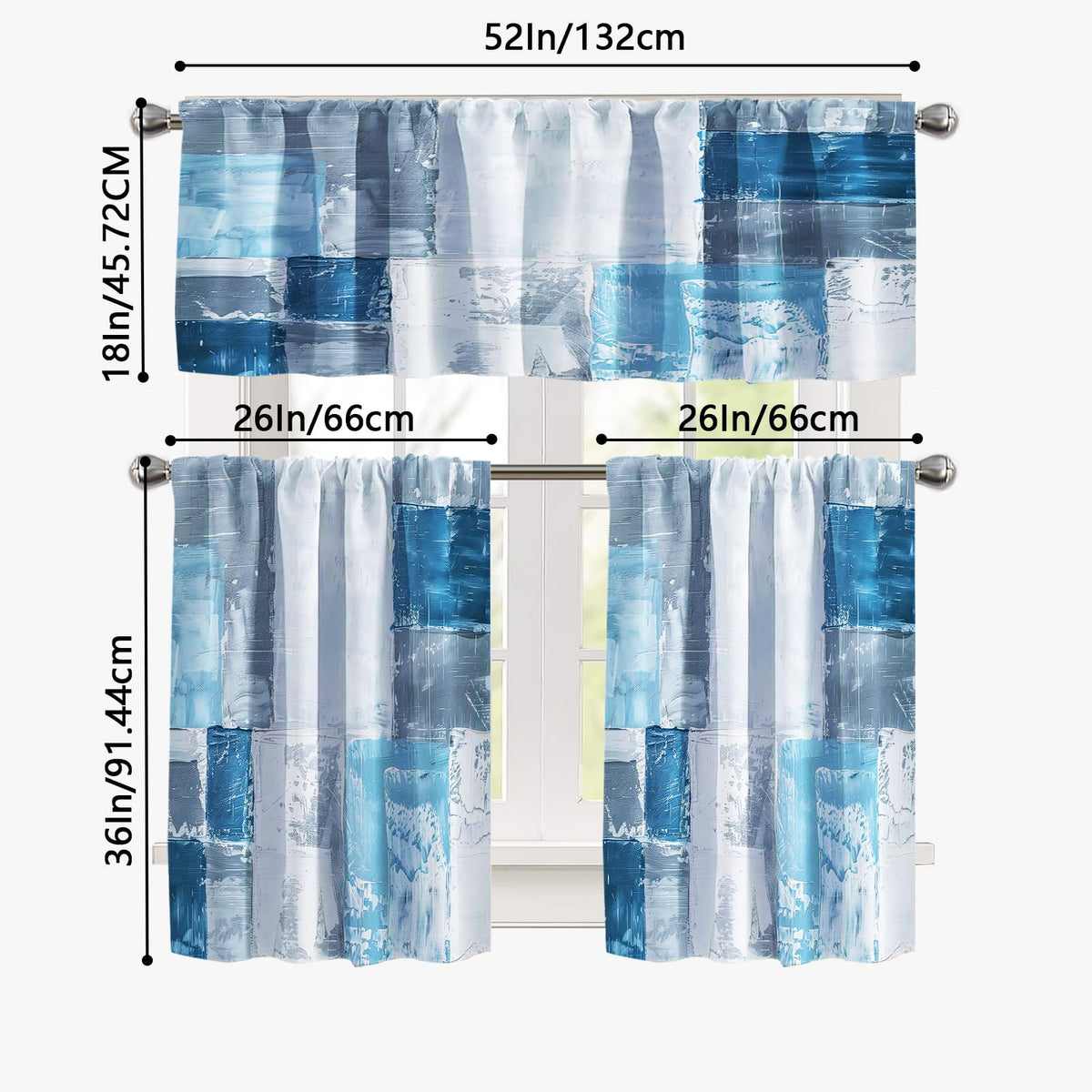KINUUIS Blue White Blackout Kitchen Window Tier Curtains and Valance Set, 52 x 36 Inch Abstract Art Window Curtains Set with Rod Pocket for Small Windows, Living Room or Bathroom