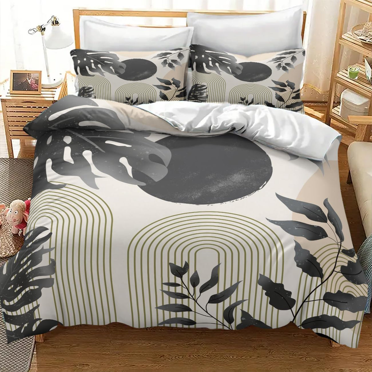 Lnepty Mid Century Leaf Bedding Set,Boho Grey Tropical Plant Palm Leaves Abstract Minimalist Geometic Modern Comforter Set with Pillowcase for Bedroom Bed Decor，Twin 86"x70"
