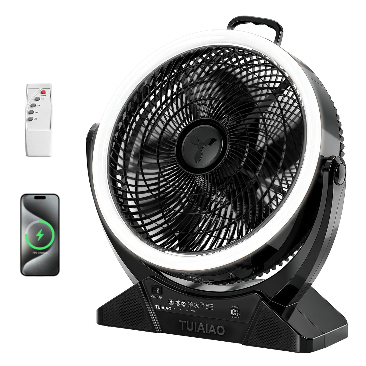 TUIAIAO Large 45000mAh Battery Operated Camping Fan Manual Tilt 50°, 12-Inch Blades Portable Rechargeable Outdoor Fan with 5 Speed, High Airflow, Cordless Floor Fan with Timer for Garage, Hurricane