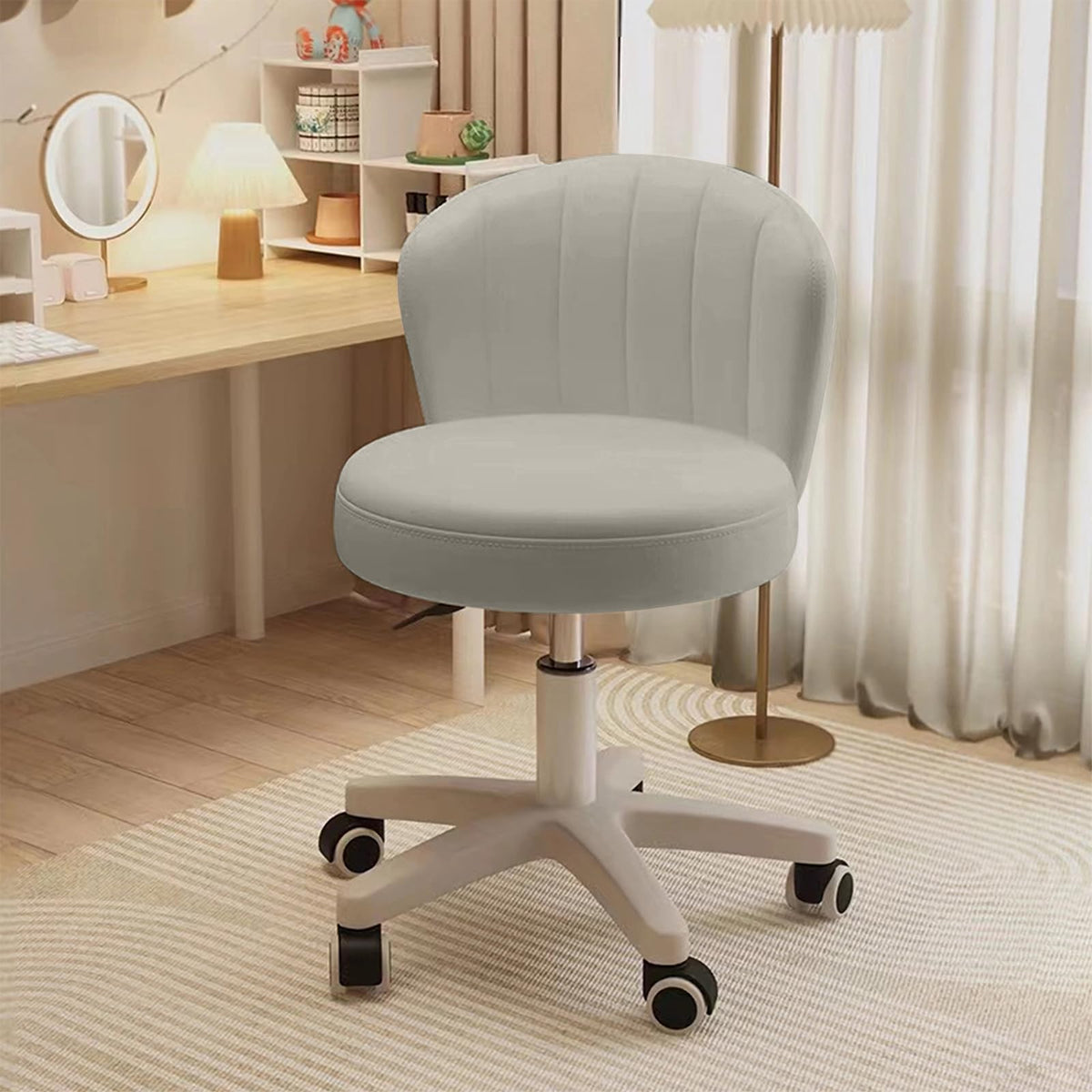 HDHNBA Small Desk Chair Round Rolling Chair with Back PU Leather Height Adjustable Swivel Vanity Work Computer Stool Chair for Home Office Bedroom