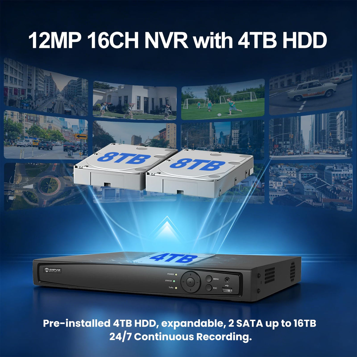 《Strobe Sound Light Alarm & 2-Way Audio》Anpviz 16CH 4K PoE Security Camera System, 8X 8MP Wired IP Turret Cameras Outdoor Metal, 12MP NVR with 4TB HDD, True Plug & Play for Business Home(H Series)