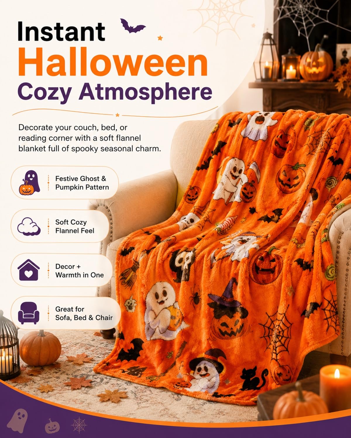 Halloween Throw Blanket Couch Cozy Flannel Decoration for Party Bed Soft Flannel Ghost Blanket Halloween Harvest Gifts Horror Ghost Bat Pumpkin(Model5,60x80in)