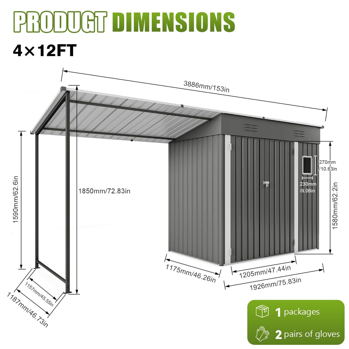 KEIKI Storage Shed 6x4 FT, Small Metal Tool Shed with Gazebo for Outdoor Storage, Galvanized Steel Garden Shed with Lockable Doors for Patio, Backyard, Lawn, Grey