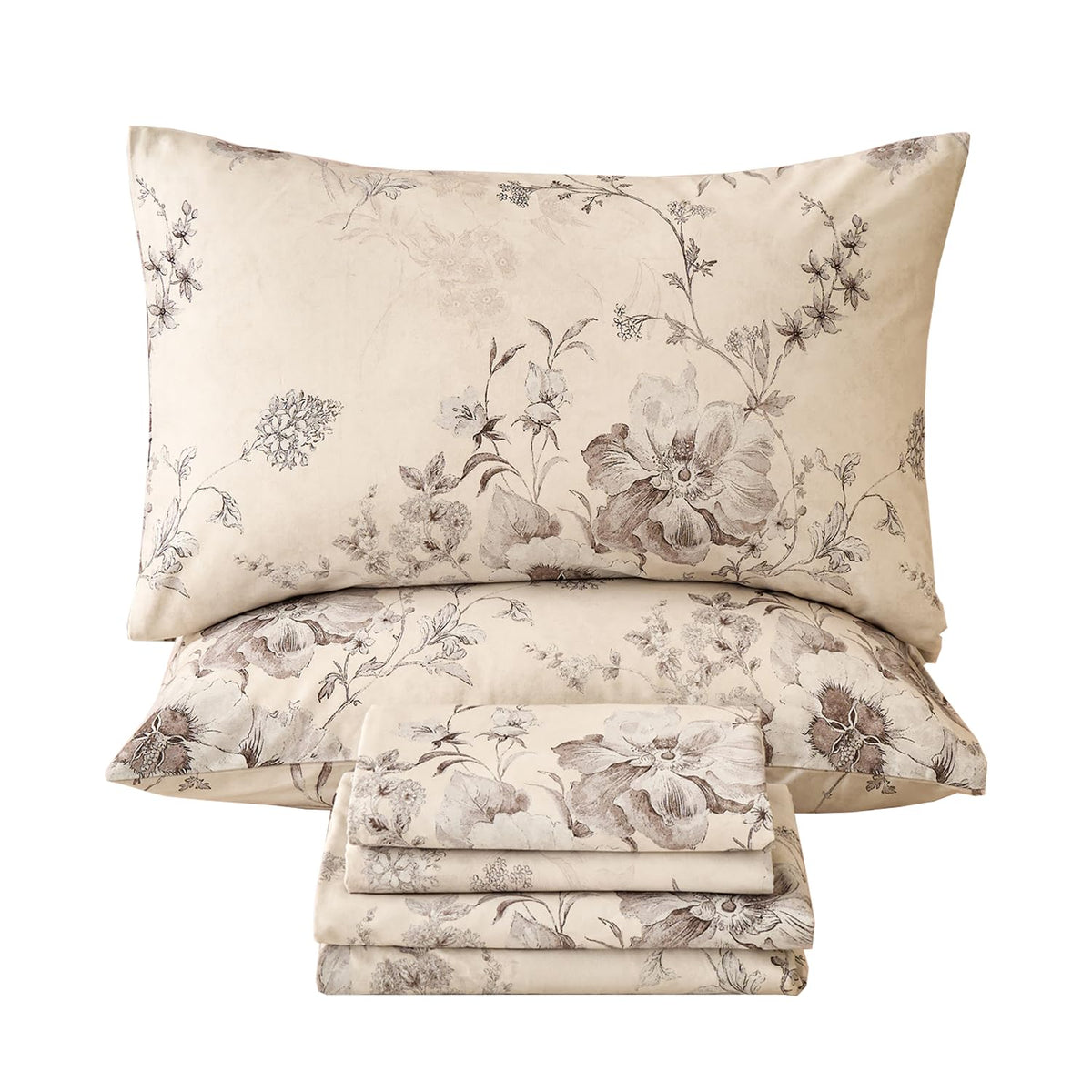 Huborise Beige Queen Sheet Set 100% Cotton Flannel-Like Warm Luxury Peony Toile Floral Bed Sheets 4Pc Deep Pocket 17.5", Double Brushed Extra Soft Breathable, Fall/Winter French Country Bedding