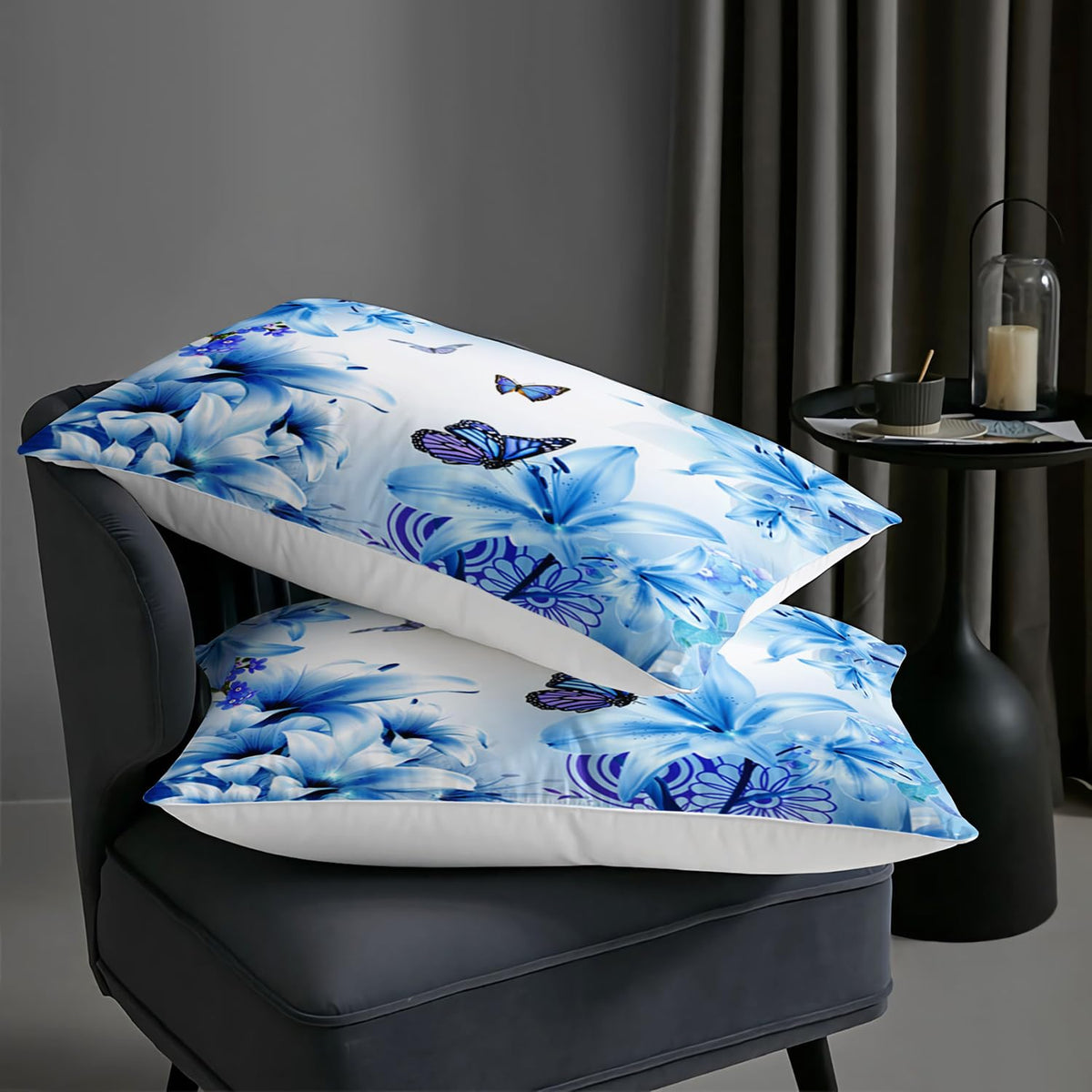 AILONEN Butterfly Fitted Sheet Twin Size Sheets for Girls Women, Blue Lily Flower Bed Sheets,Flying Animals Theme Bedding Set 3 Pieces,Soft Breathable Fitted Sheet and 2 Pillowcases