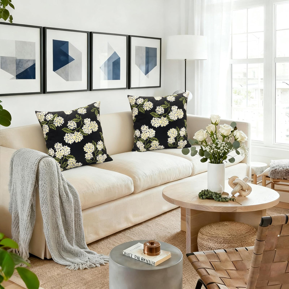 RYSMIYOU Decorative Throw Pillow Covers 18x18 inch Set of 2, Super Soft Black Hydrangea Print Farmhouse Pillow Cases Outdoor Pillow Covers for Couch Sofa Bed Living Room Home Decor Cushion Covers