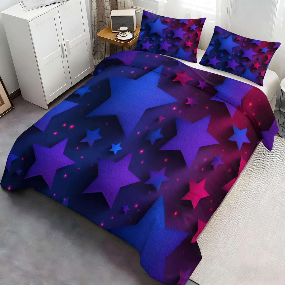 ZAOMIR Blue Purple Stars Duvet Cover Queen Size, Colorful Dark Bedding Set 3 Piece, Neon Lights Stars Patterned Comforter Cover with Zipper Soft Microfiber, 2 Pillowcases