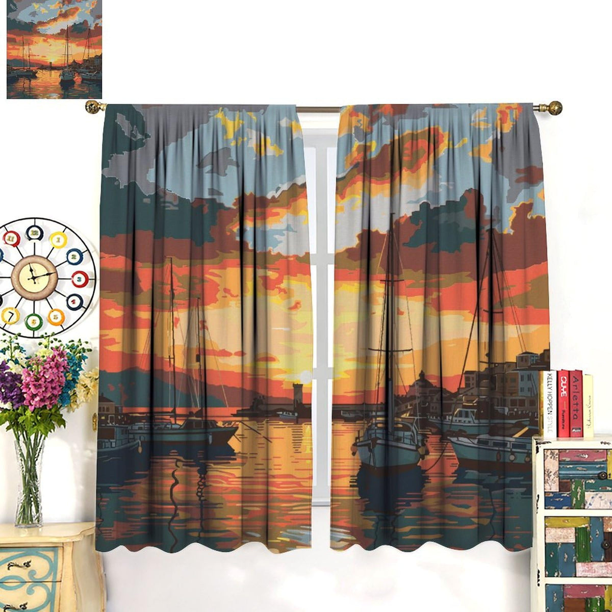 TOWINSFB Anime Ocean Sunset Sky Blackout Curtains, Nautical Sailboat Coastal Scenery Home Decor Rod Pocket Window Drapes for Living Room Bedroom - 42" W x 63" L