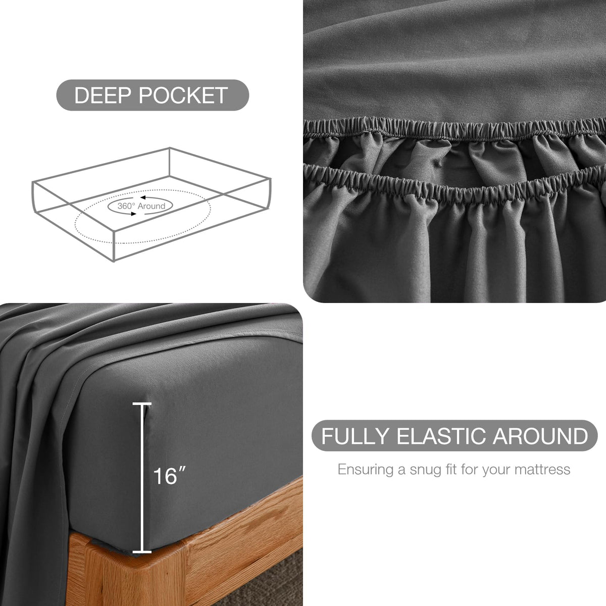 Yibeizi Queen Sheet Set Cooling Sheets Deep Pocket Queen Size Bed Sheets Set, Grey Soft Microfiber Oeko-Tex Sheets & Pillowcases Hypoallergenic Wrinkle Free Bedsheets