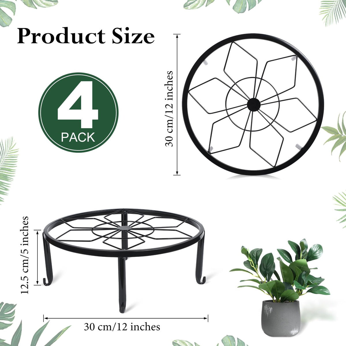 Beeveer 4 Pcs 12 Inch Black Metal Plant Stands for Indoor Outdoor Heavy Duty Pot Potted Stand Holder Iron Circle Plant Shelf Rustproof Risers Round Supports Rack for Home Garden Planter Display