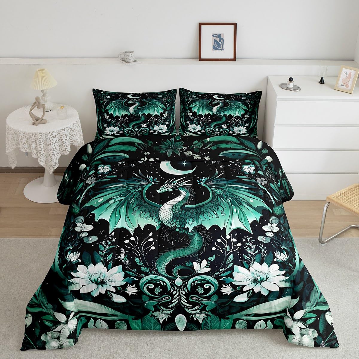 Feelyou Kids Dragon Comforter Set Queen Size, Green Dragon Bedding Set for Kids Boys Girls Boho Duvet Insert Room Decor 3Pcs