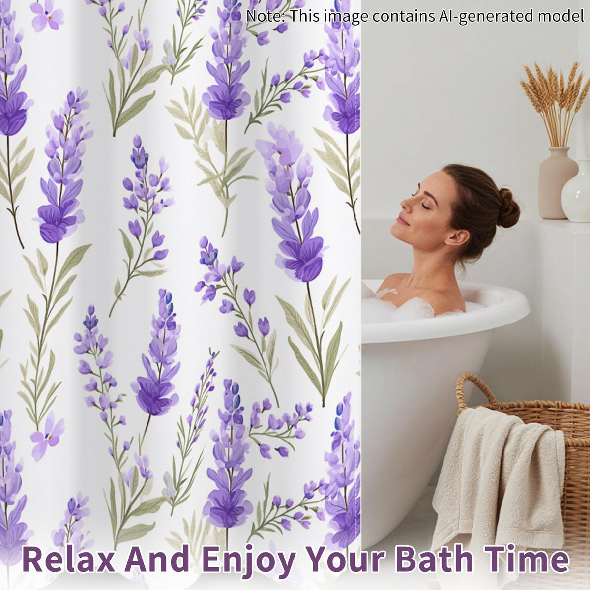 Leowefowa No Hook Shower Curtain and Waterproof Liner Set, Lavender Botanical Bath Curtain, Purple Watercolor Print, Light Fabric Bathroom Curtain with See Through Mesh Top Window, 71x74 Inch