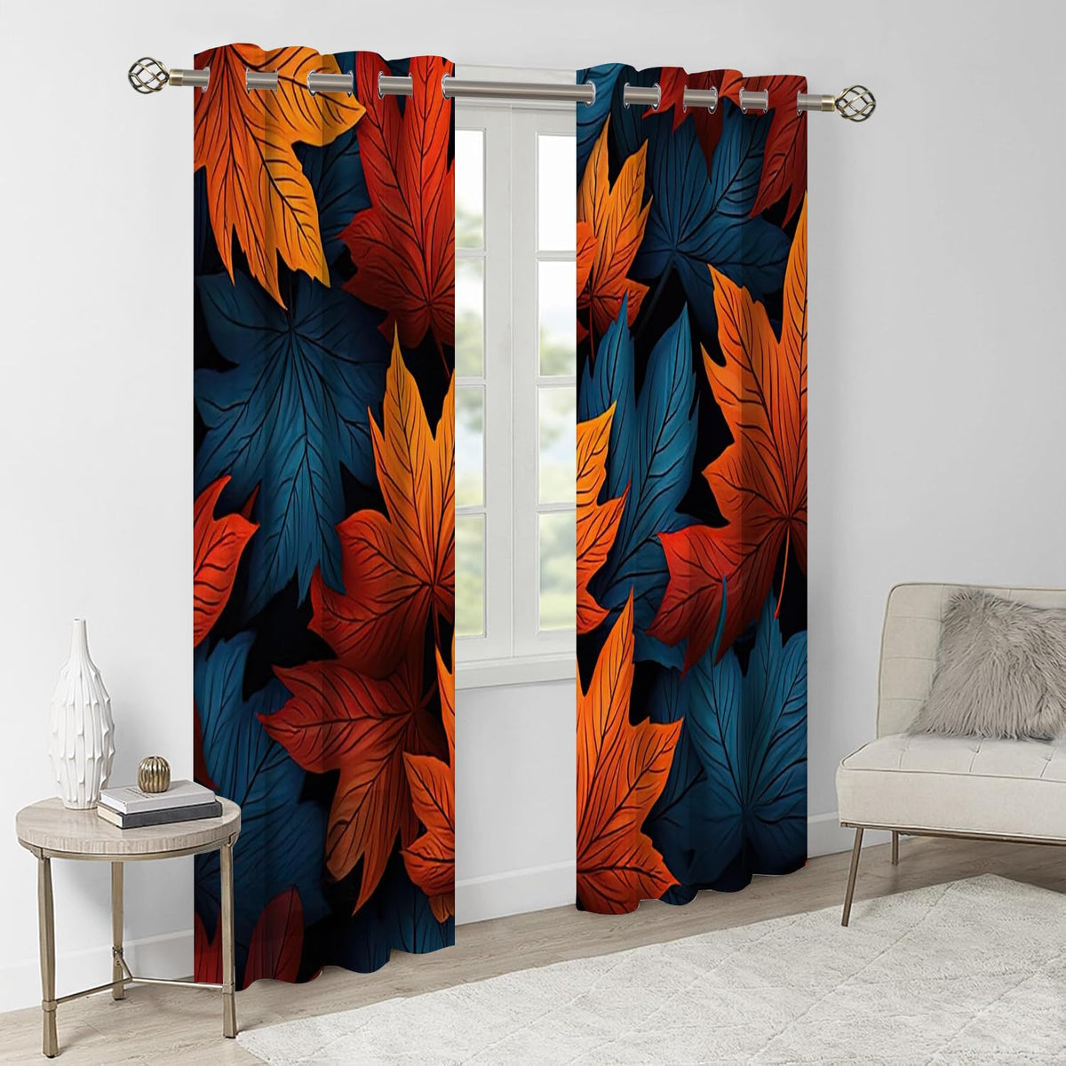 Brown Maple Leaves Blackout Curtains 2 Panels, Simple Plant Texture 3D Printed Drapes with Grommet Darkening Thermal Insulated Window Draperies for Living Room Bedroom(104" W x 63 "L)