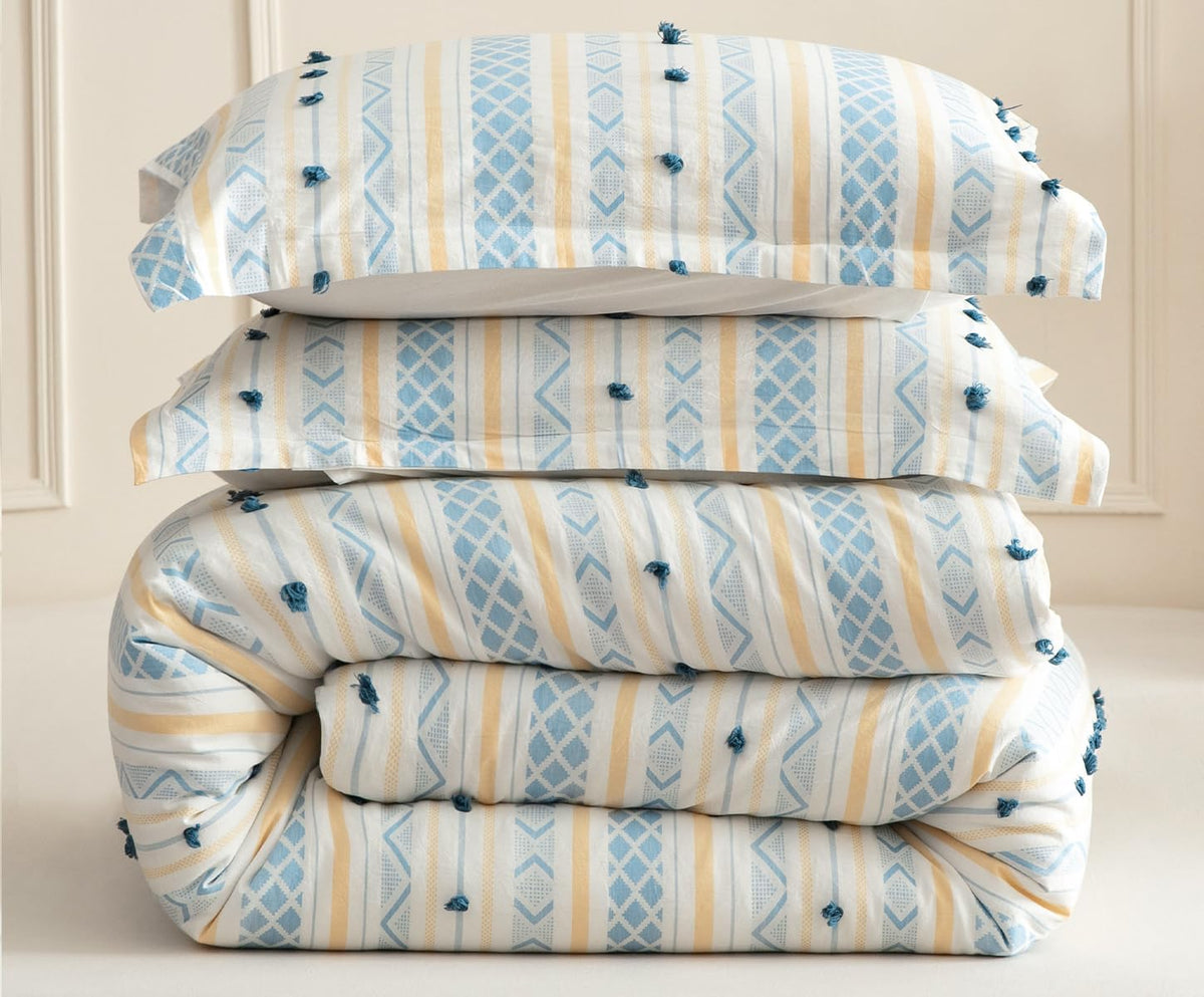 SLEEPBELLA Washed Double Layer Muslin 100% Cotton Comforter Set Queen Size, Yellow Blue Boho Fluffy Thick Checked Bedding Set, Soft Breathable (1 Comforter, 2 Pillow Shams)