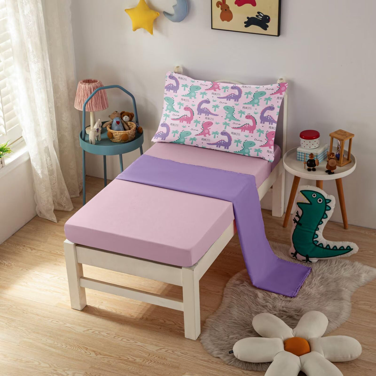 4 Piece Toddler Dinosaur Bedding Set for Girls,Pink Dino Toddler Comforter Sets Soft Bed Set Include Comforter,Fitted Sheet, Flat Top Sheet and Pillowcase,Bed in A Bag for Bedroom