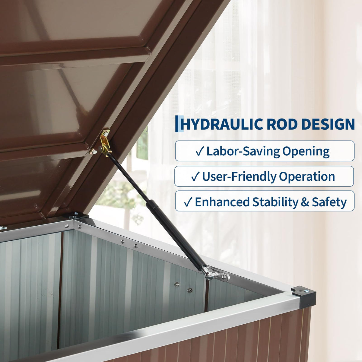 160 Gallon Outdoor Metal Storage Box, Waterproof Steel Deck Box with Lockable Soft-Close Lid, Dual Gas Struts, Wheels, Handles, Large Patio Cushion Tool Pool Storage, Brown,53.15"L x 27.76"W x 29.92"H