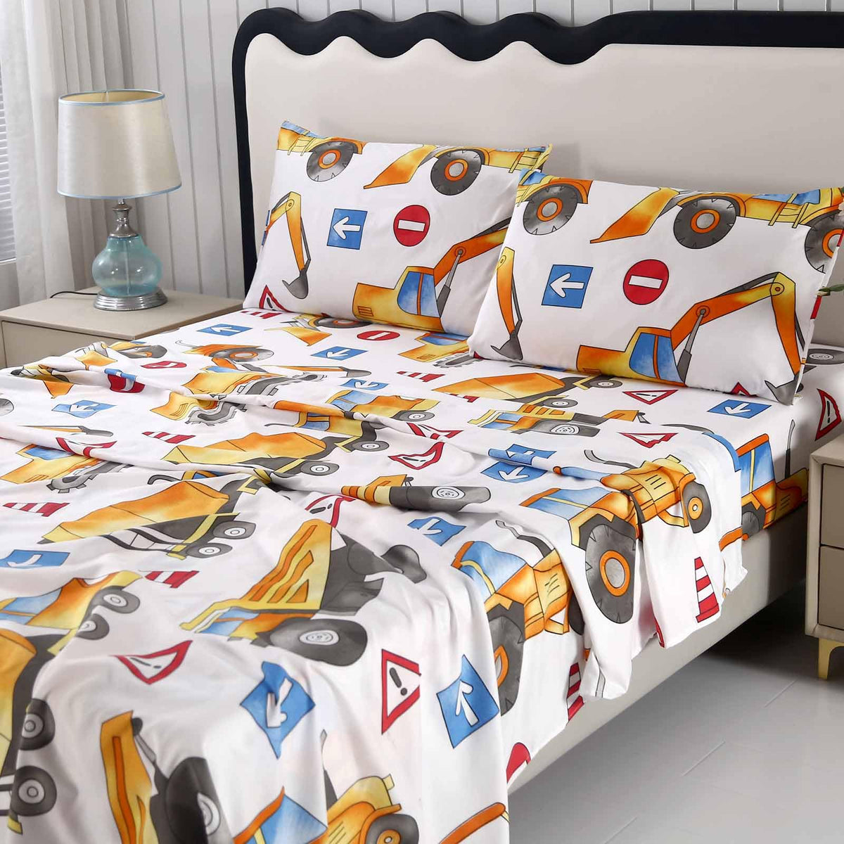 SDY 4 Pieces Construction Sheets Queen,Cozy Construction Sheets for Boys Girls Kids Cars Sheet Set Included 1 FittedSheet with 14'' Deep Pocket + 1 Top FlatSheet + 2 Pillowcases