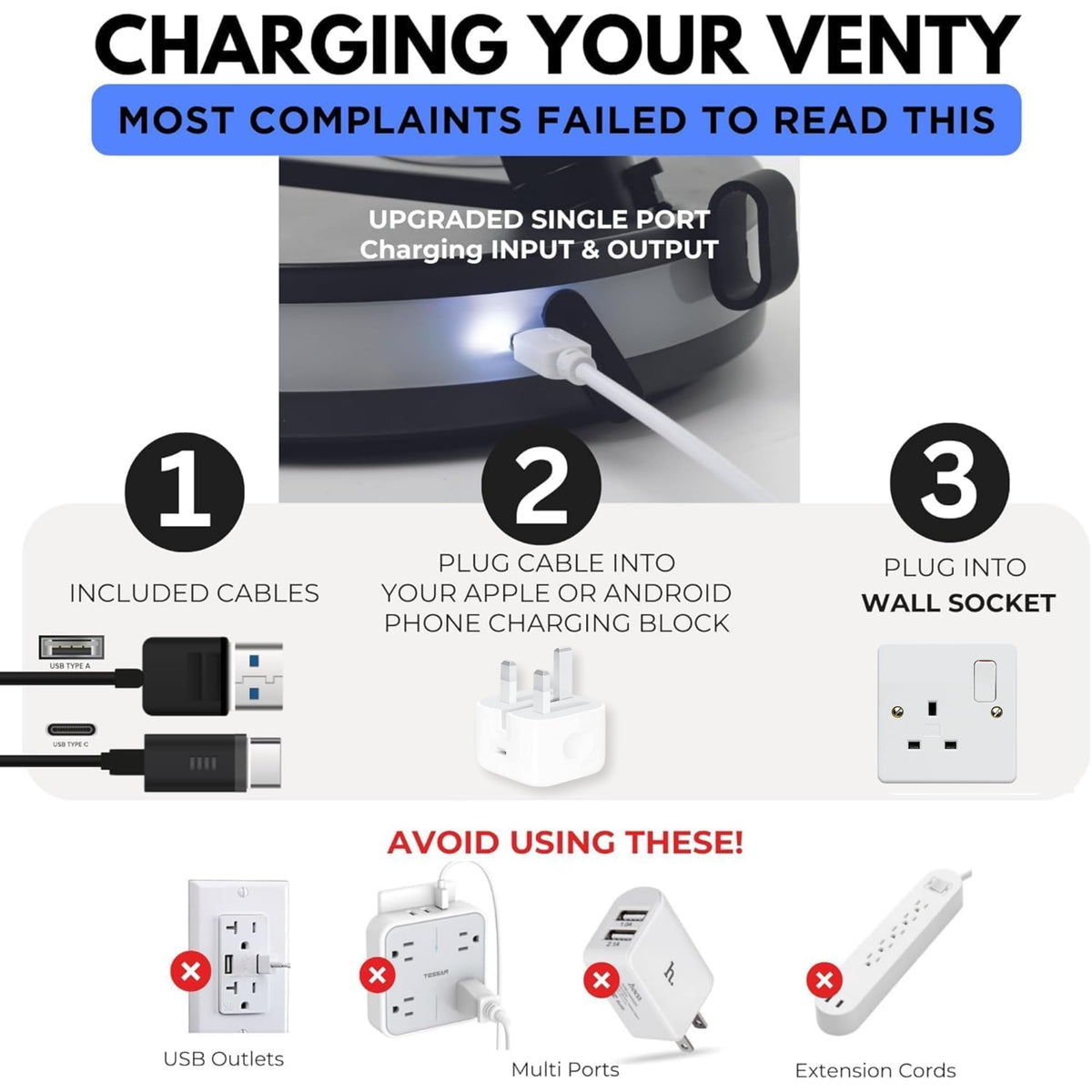 VENTY Portable Fan - Wireless Battery Operated Fan - 4 Speeds - LED Lighting - Carry Case & Remote Control - Cruise Travel - Outdoor Travel RV Power Bank With USB-C Port (White with Case)