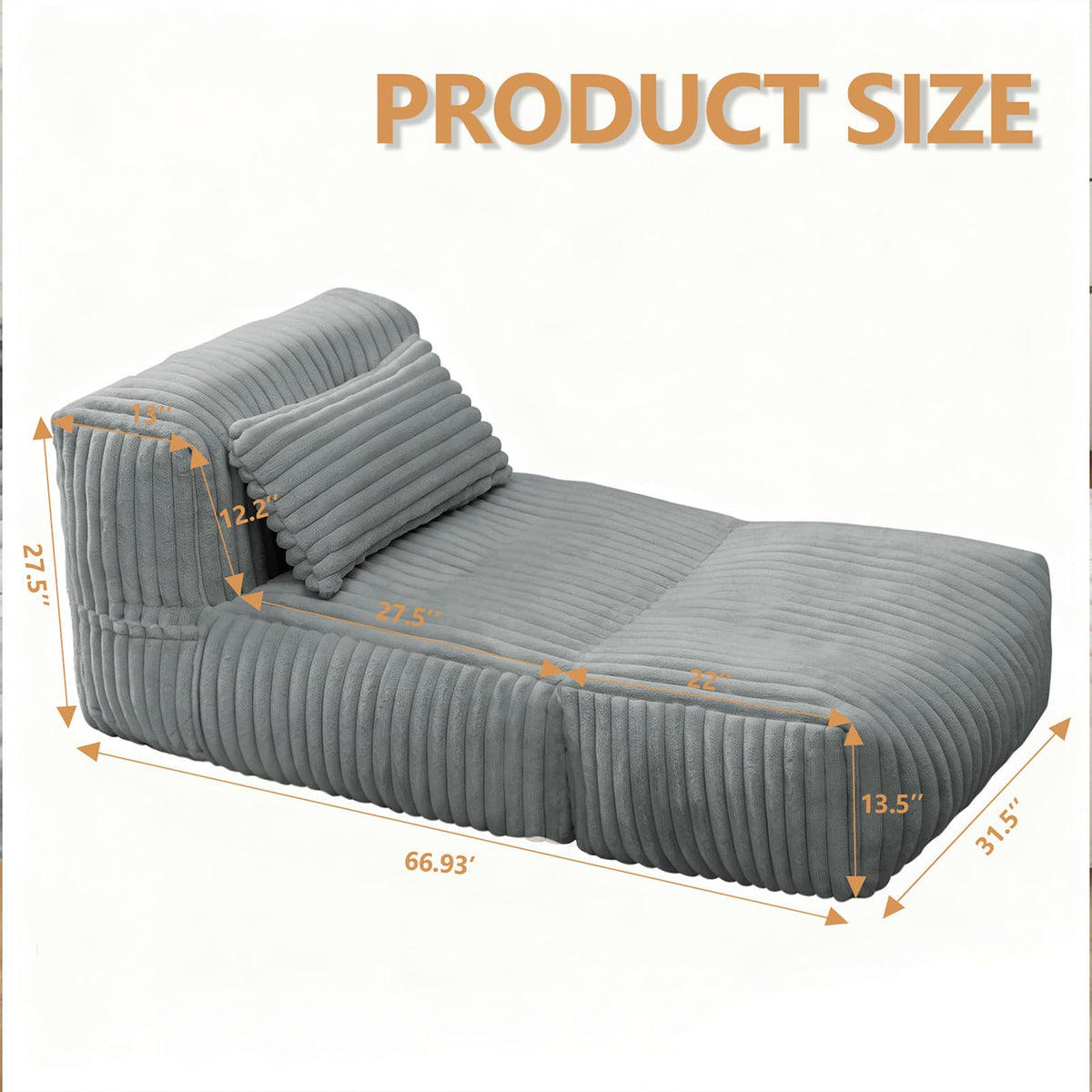 Big Bean Bag Lounger Sofa with Pillow, Large Bean Bag Chairs for Adults, Oversized Beanbag Sofa, Comfy Bean Bag Couch with Memory Foam Filled for Living Room, Bedroom, Gray
