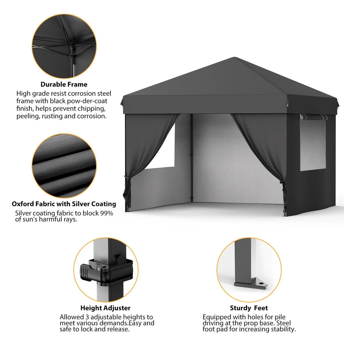 GarveeTech 10x10 Pop Up Canopy with 4 Removable Sidewalls and Windows, 3 Adjustable Heights Commercial Shelter, Portable Enclosed Instant Tent with Wheeled Carry Bag, Waterproof Outdoor Gazebo, Black