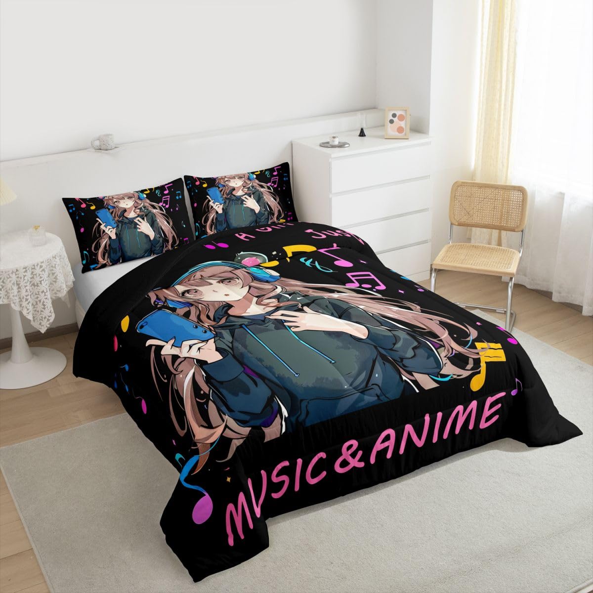 Erosebridal Pink Anime Girl Full Bedding Set,Music Note Comforter Set Anime Gifts for Kids Teen Girls,Musical Themed Quilt Bed Set Japanese Anime Bedding Comforter Sets,2 Pillowcases Room Decor
