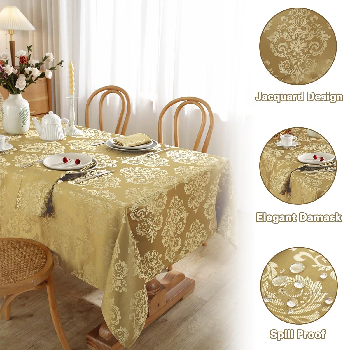 SASTYBALE Damask Gold Tablecloth Rectangle 60 x 102 Inch, Floral Jacquard Spill Proof Wrinkle Free Polyester Table Cloth, Fabric Table Cover for Dining/Party/Wedding/Indoor/Outdoor