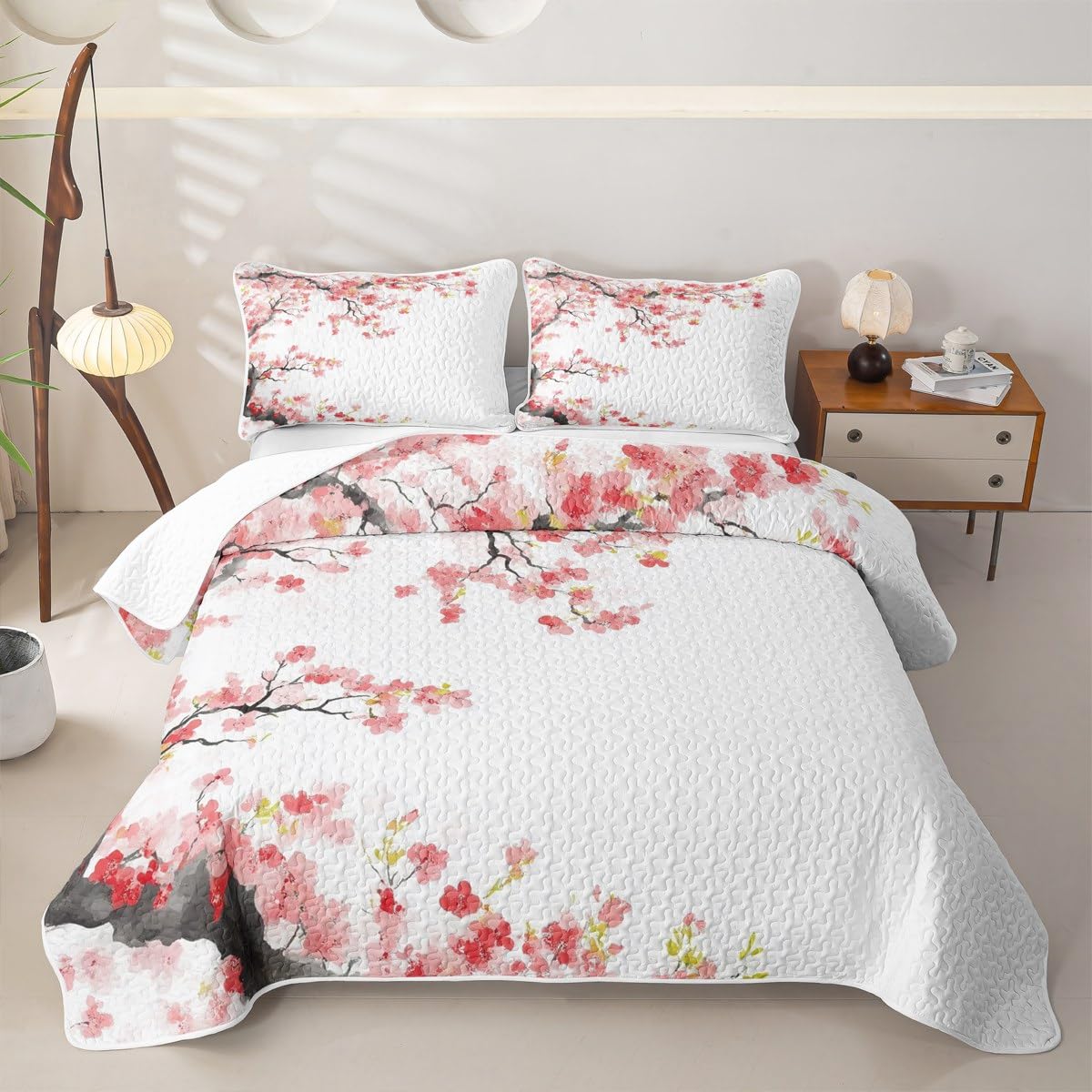 Erosebridal Cherry Blossoms Quilt Japanese Style Quilt Set Queen Pink Flowers Bedding Coverlet Branches Plant Floral Bedspread