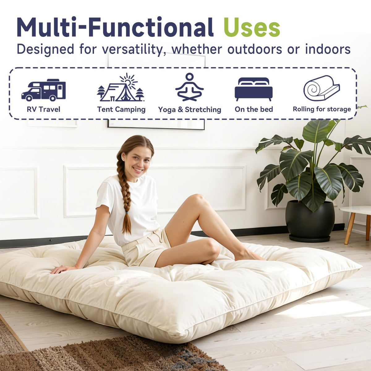 KOSRLY 6" Futon Mattress Full Size, Tufted Futons Sofa Couch Bed with Twisted Rope Design Edging,Versatile Floor Mattress for Adults，Shredded Foam Filling (Frame Not Included Beige, Queen)