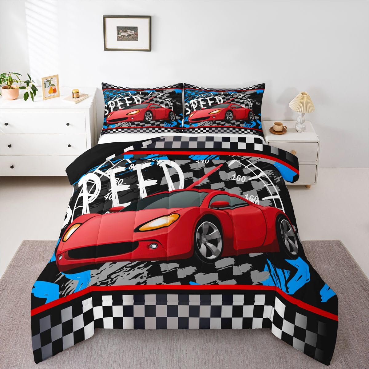 Feelyou Boys Race Car Bedding Set Cool Race Sports Car Set Comforter Set for Kids Boys Sports Theme Duvet Set Checkered Comforter Red 1 Comforter Set with 1 Pillowcase Twin Size