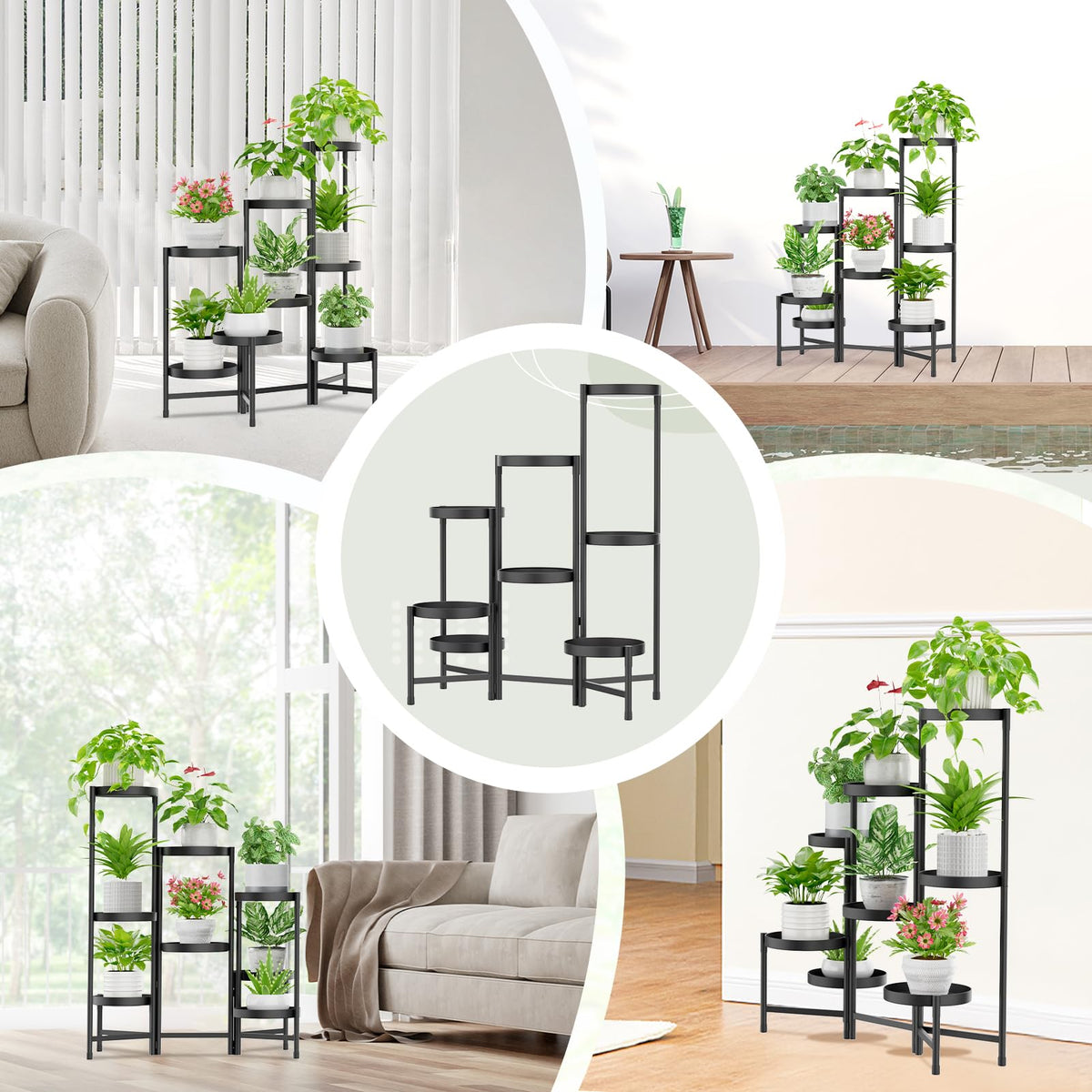 iDavosic.ly Plant Stand Indoor Outdoor, 8 Tier Corner Metal Flower Display Holder Shelf, Folding Tall Orchid Rack for Patio Balcony Porch Garden Living Room House, Black