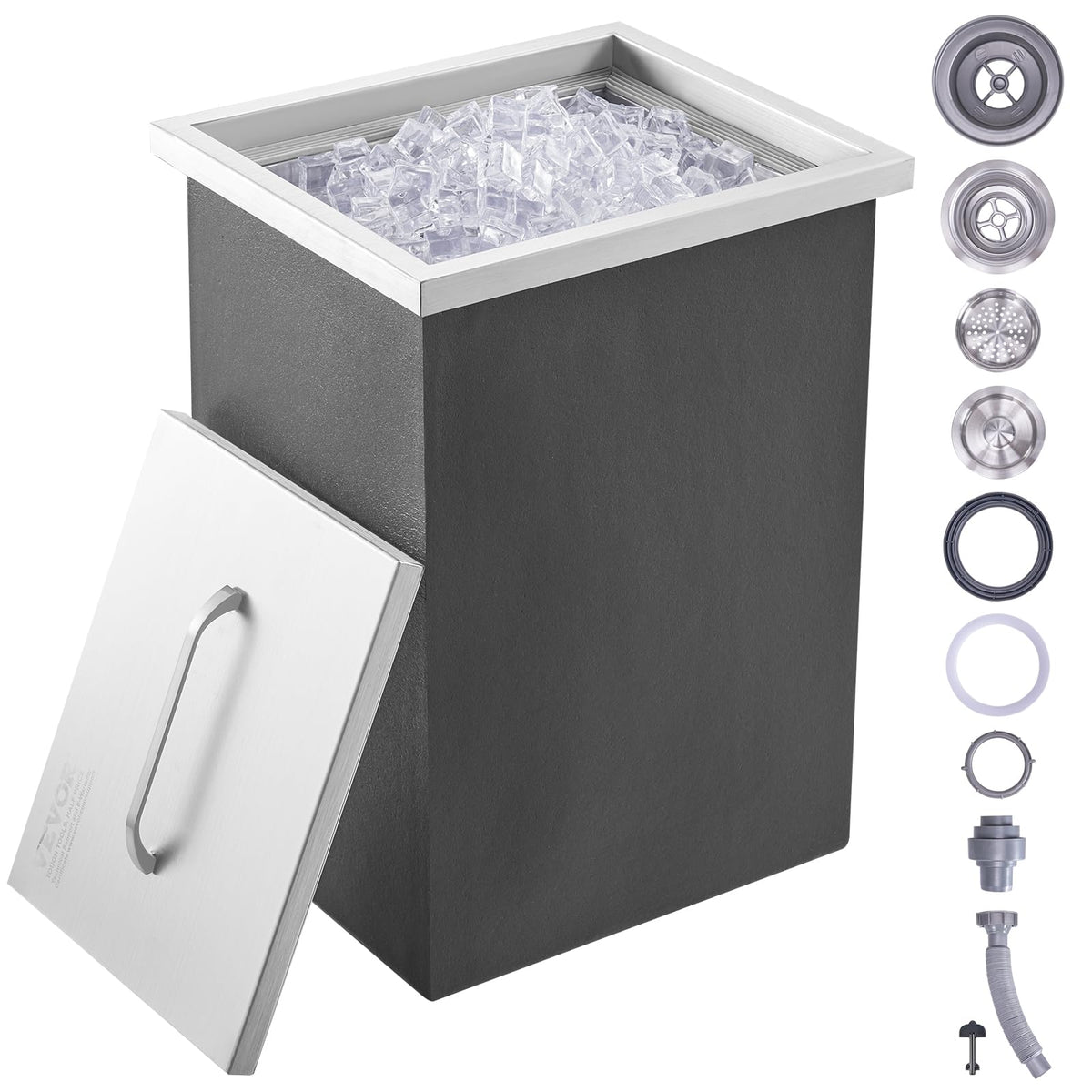 VEVOR Drop in Ice Chest, 14" L x 12" W x 18" H Stainless Steel Ice Cooler, Commercial Ice Bin with Cover, 40 qt Outdoor Kitchen Ice Bar, Drain-Pipe and Drain Plug Included, for Cold Wine Beer
