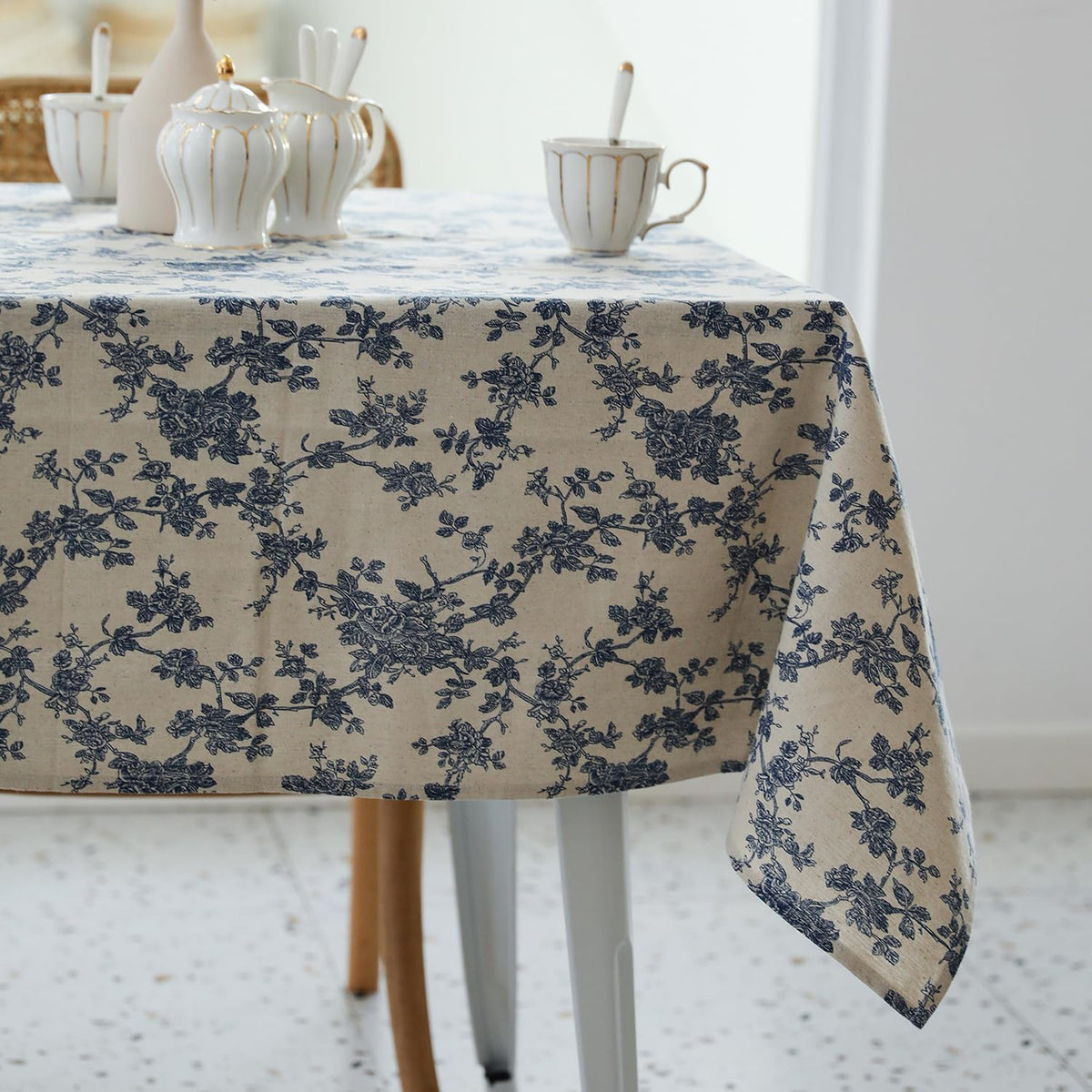YiHomer Pastoral Rectangle Tablecloth - 52 x 70 Inch Table Cloth - Washable Table Cover with Dust-Proof Wrinkle Resistant for Restaurant, Picnic, Indoor and Outdoor Dining, Floral (Dark Blue)